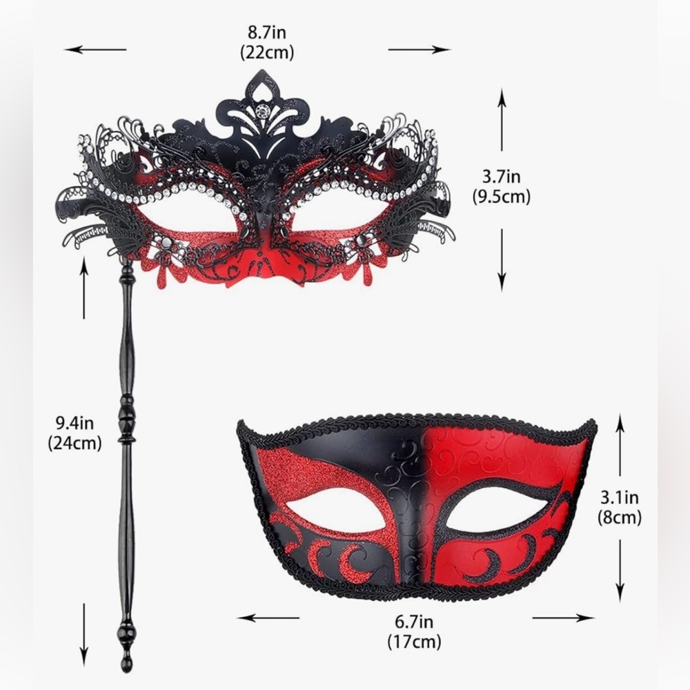 Couple Masquerade Masks Set - Red & Black - Picture 3 of 11